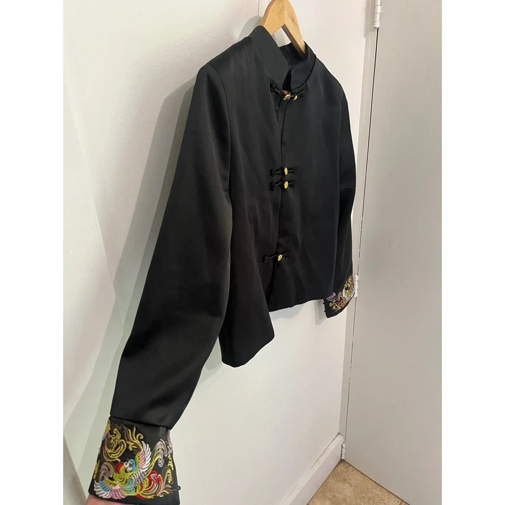 Vintage Y2K Embroidered Moto Jacket Black Silky Cropped 90s Phoenix